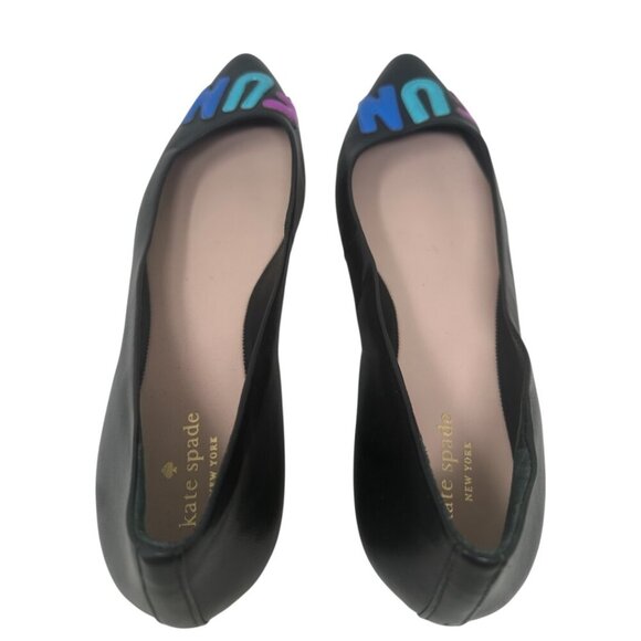 New Kate Spade Elliot “FUN” Printed Black Leather Pointed Toe Flats Size 11 - Picture 6 of 13